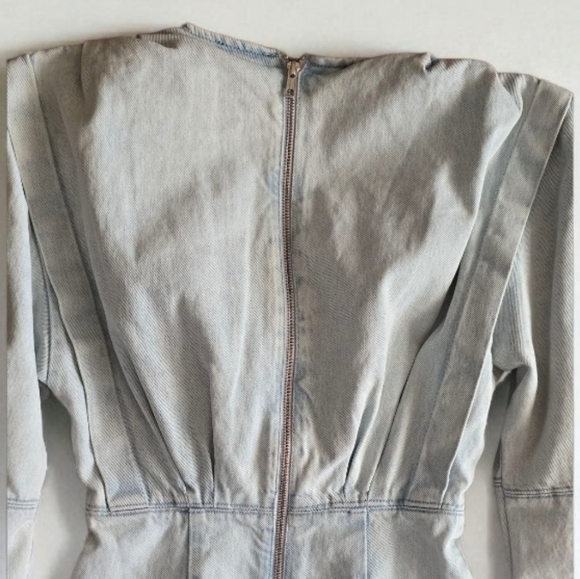 Zara Light Blue Pleated Denim Mini Dress Elbow Length Puff balloon Sleeves - Picture 9 of 16